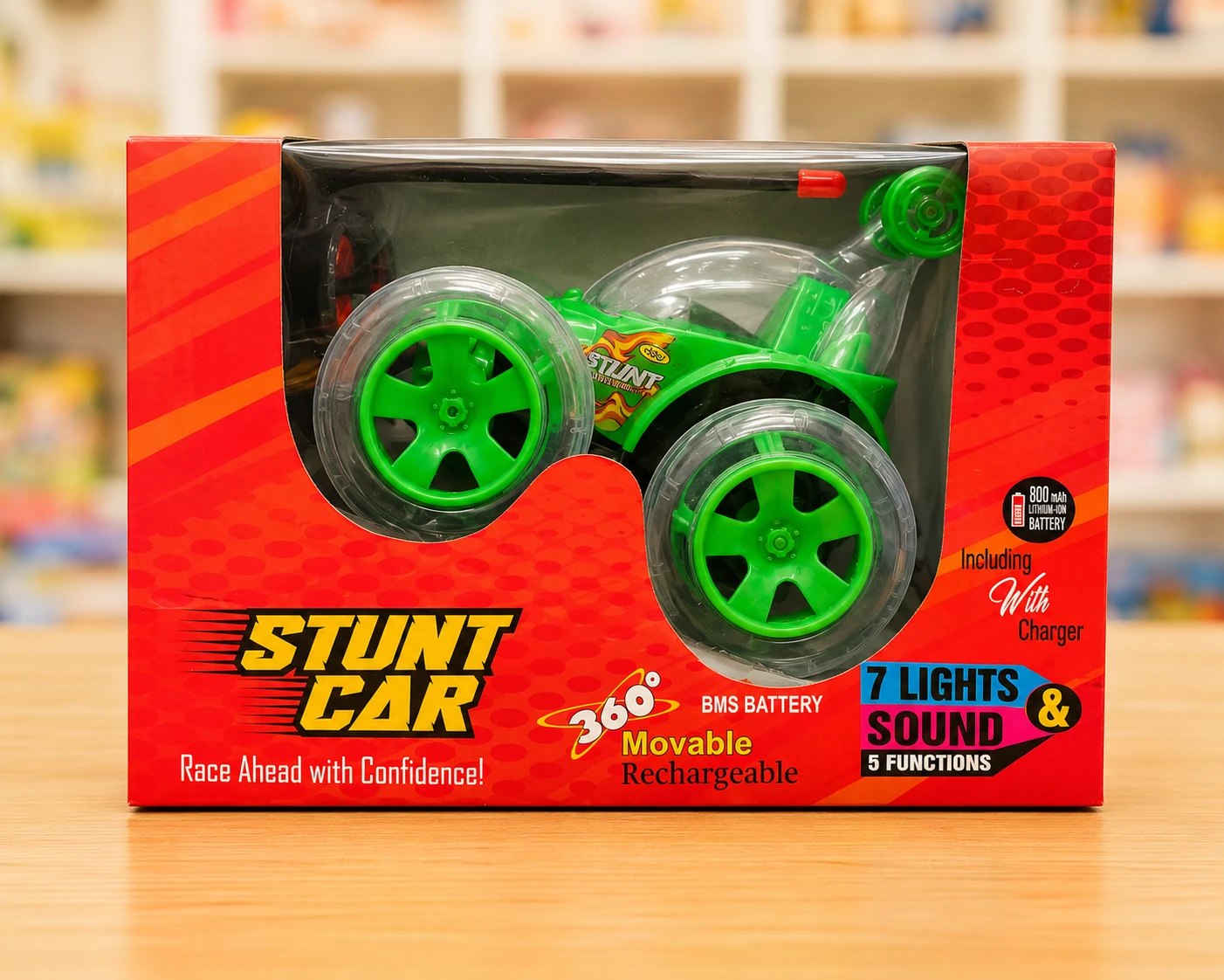 RC 360° Stunt Car Toy with LED Lights & Sound – Rechargeable Green Racing Car